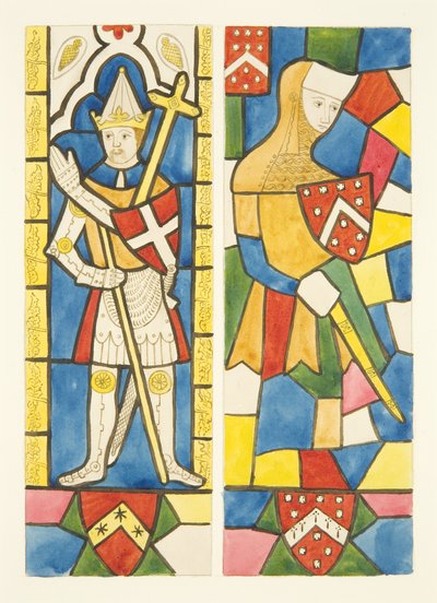 Twee figuren in glas-in-loodramen van het koor in de kathedraal van Bristol door Joseph Manning