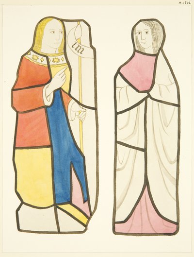 Twee figuren in glas-in-loodramen ten zuiden van het koor in de kathedraal van Bristol door Joseph Manning