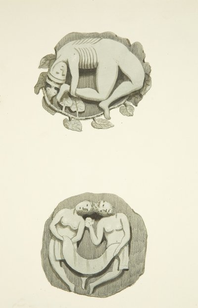 Twee gewelfstenen in het plafond bij de noorddeur van de Bristol Cathedral door Joseph Manning