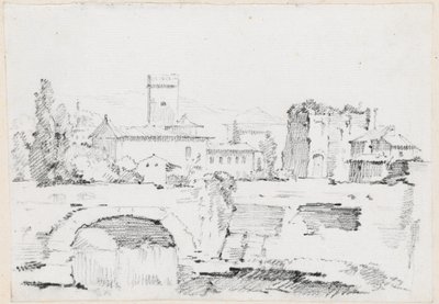 Een Italiaanse stad met een stenen brug en een waterval door Joseph Marie Vien