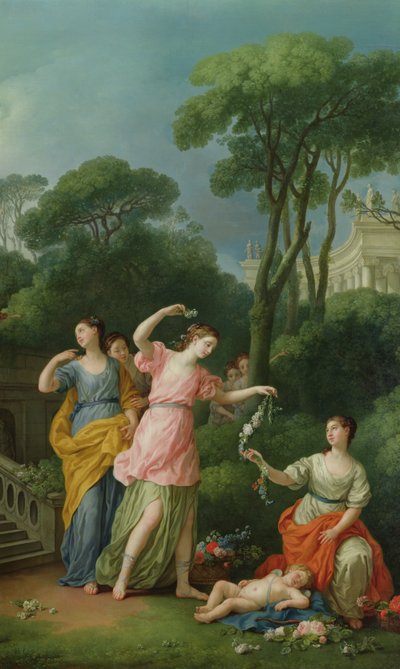 Jonge Griekse meisjes versieren een slapende Cupido met bloemen, 1773 door Joseph Marie Vien