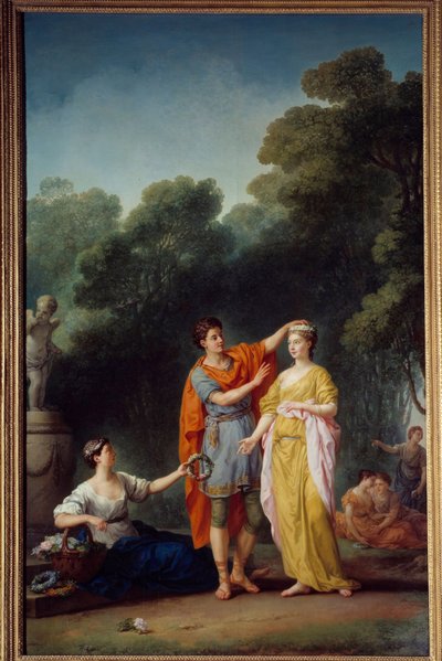 Galante scène: Een minnaar kroont zijn minnares met een bloemenkrans door Joseph Marie, the Elder Vien