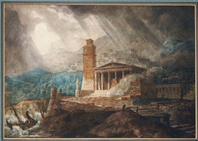 Een capriccio van een Romeinse haven tijdens een storm door Joseph Michael Gandy