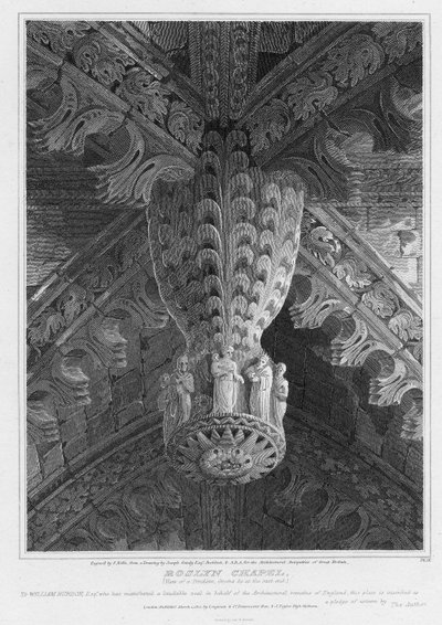 Roslyn Chapel, uitzicht op een hanger en gewelven aan het oostelijke uiteinde, gegraveerd door S. Noble, 1810 door Joseph Michael Gandy