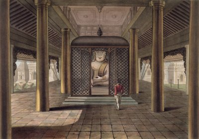 Een soldaat staand in een tempel in Rangoon, gegraveerd door George Hunt, 1825 door Joseph Moore