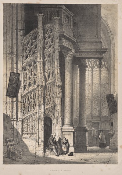 Architectuur van de Middeleeuwen: Trap, St. Maclou, Rouen door Joseph Nash