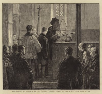 Begrafenis van Napoleon III, de keizerin Eugenie besprenkelt de kist met wijwater door Joseph Nash