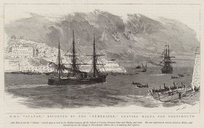 HMS Sultan, begeleid door de Temeraire, vertrekt uit Malta naar Portsmouth door Joseph Nash