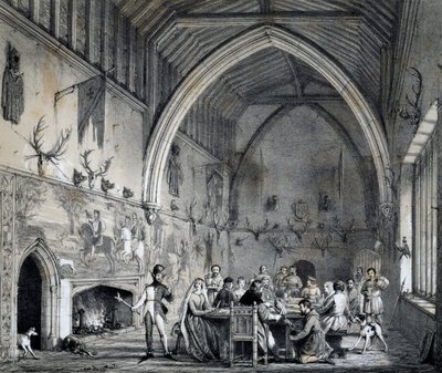 Hal in Moat House Ightham met banket, Kent, gravure uit Mansions of England in olden time door Joseph Nash