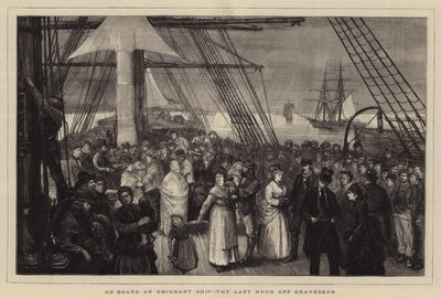 Aan boord van een emigrantenschip, het laatste uur voor Gravesend door Joseph Nash