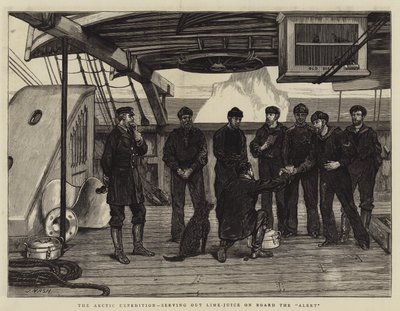 De Arctische Expeditie, het uitdelen van Limoensap aan boord van de Alert door Joseph Nash