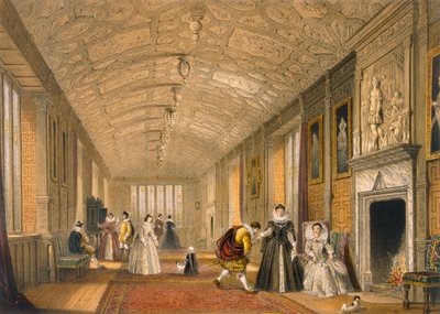De Lange Galerij in Lanhydrock, Cornwall, 1600, uit Architectuur van de Middeleeuwen, gepubliceerd 1838 door Joseph Nash