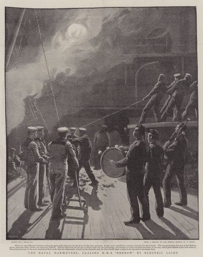 De Marine Manoeuvres, het bijvullen van HMS Benbow met Elektrisch Licht door Joseph Nash