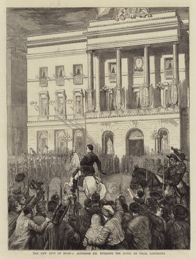 De nieuwe koning van Spanje, Alphonso XII betreedt het Hotel de Ville, Barcelona door Joseph Nash