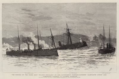 Het zinken van het rebellen schip Blanco Encalada door de regeringstorpedobootjagers Almirante Lynch en Almirante Condell, in de haven van Caldera door Joseph Nash
