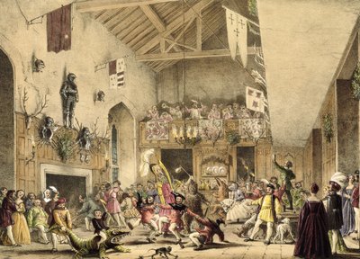 Driekoningenavond in de Grote Zaal, Haddon Hall, Derbyshire, uit 
