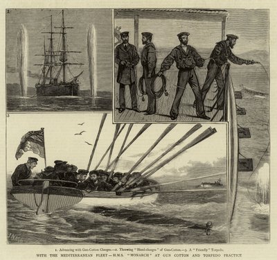 Met de Middellandse Zeevloot, H.M.S. Monarch bij kruit- en torpedopraktijk door Joseph Nash