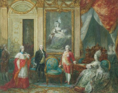 Lodewijk XVI en zijn vrouw Marie Antoinette ontvangen een kardinaal door Joseph Navlet