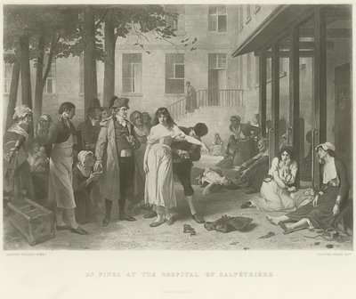 Dr. Pinel in het ziekenhuis van Salpetriere (gravure) door Joseph Nicolas Robert Fleury