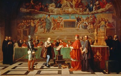Galileo Galilei (1564-1642) voor leden van het Heilige Officie in het Vaticaan in 1633, 1847 door Joseph Nicolas Robert Fleury
