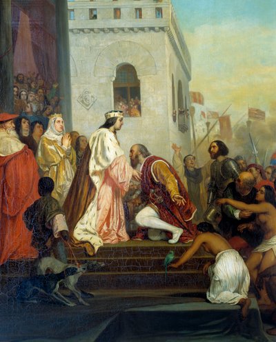 Ontvangst van Christoffel Columbus door de koningen van Spanje Ferdinand II van Aragon en Isabella I van Castilië in Barcelona in 1493 (detail) door Joseph Nicolas Robert Fleury