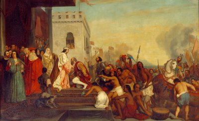Ontvangst van Christoffel Columbus (1451-1506) door de koningen van Spanje Ferdinand II van Aragon en Isabella I van Castilië (de Katholieke) in Barcelona in 1493. De ontdekkingsreiziger keert terug met gevangen Indianen. Schilderij door Joseph Nicolas Rob door Joseph Nicolas Robert Fleury