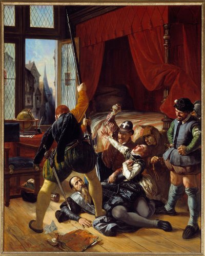 Oorlog van religie: Scene de la Saint Barthelemy, moord op Briou, gouverneur van de Prins van Conti, 24/08/1572 door Joseph Nicolas Robert Fleury