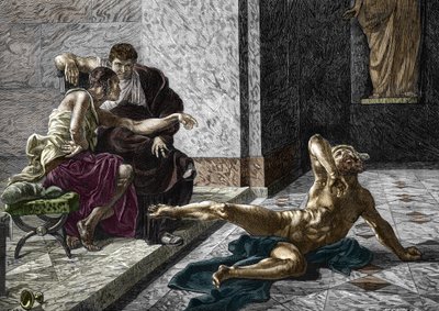 Voorstelling van de Romeinse vergiftiger Locusta die aan de zijde van keizer Nero (37-68) een gif probeert bedoeld voor zijn broer Britannicus (41-55) op een van zijn slaven, 55 Gravure naar een schilderij van Joseph-Noel Sylvestre (1847-1926) 1876 door Joseph Noel (after) Sylvestre