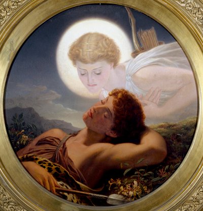 "De droom van Latmos" roept de mythe op van Endymion, een jager van grote schoonheid die eeuwig sliep, die Zeus had laten inslapen voor Selene, die verliefd op hem werd en zijn jeugd wilde behouden. Schilderij van Joseph Noel Paton (1821-1901) (prerafaëlie door Joseph Noel Paton