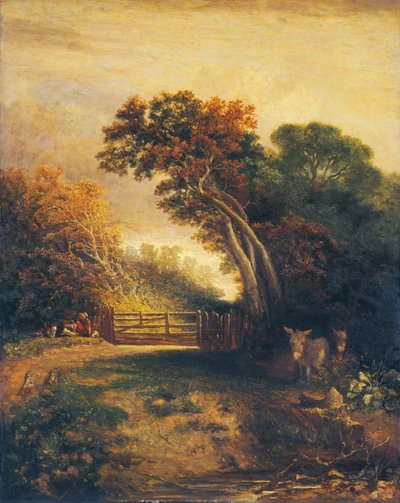 Landschap met picknickers en ezels bij een poort, ca. 1830-1880 door Joseph Paul