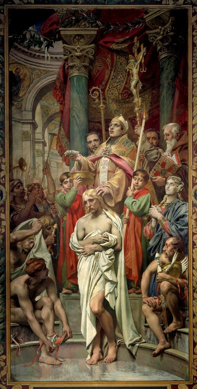 De doop van de koning van de Franken Clovis I (466-511) in Reims door de Bisschop Saint Remi op 25/12/496 (of 499) door Joseph Paul Blanc