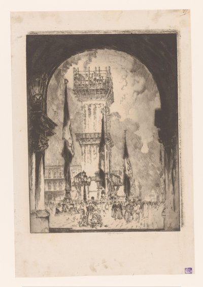 Campanile van Venetië in de steigers door Joseph Pennell (signed by artist)