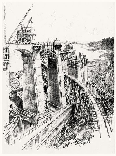 Toegangen tot de Gatun Sluis, plaat VI uit Het Panamakanaal door Joseph Pennell door Joseph Pennell