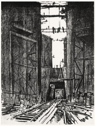 Op de Bodem van de Gatun Sluis, plaat IV uit Het Panamakanaal door Joseph Pennell door Joseph Pennell