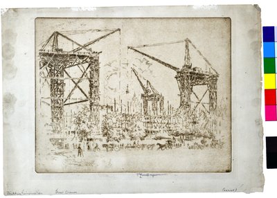 Bouw van Kensington Grote Krane, ca. 1905 (ets op papier) door Joseph Pennell