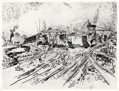 Bouw van de Miraflores Sluis, plaat XXI uit Het Panamakanaal door Joseph Pennell door Joseph Pennell