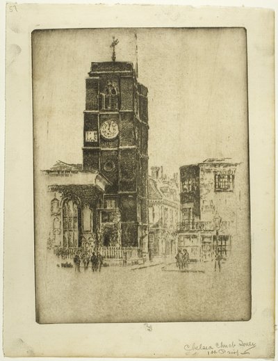Chelsea kerktoren door Joseph Pennell