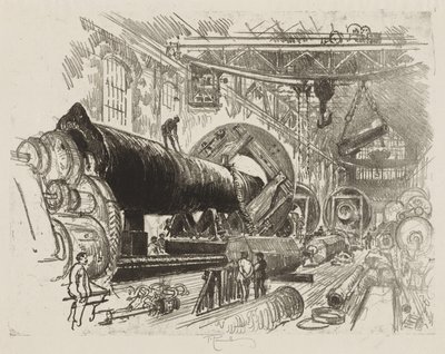 Engels Oorlogswerk: Snijden en Draaien van een Groot Kanon door Joseph Pennell