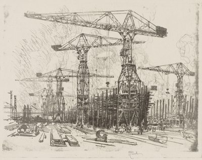Engels Oorlogswerk: De Oude Scheepswerf door Joseph Pennell