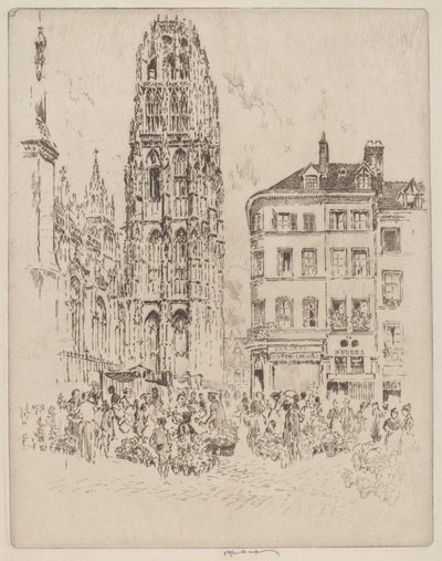 Bloemenmarkt en Botertoren, Rouen door Joseph Pennell