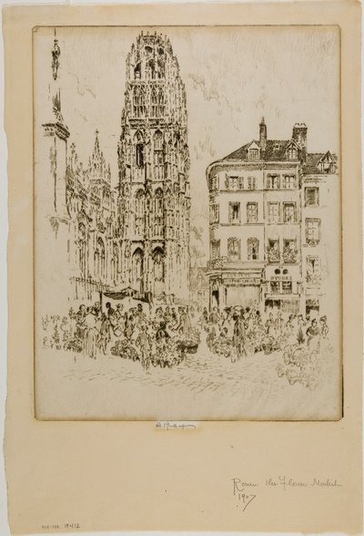 Bloemenmarkt en Boter Toren, Rouen door Joseph Pennell