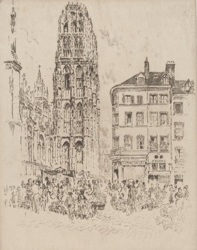 Bloemenmarkt en Boter Toren, Rouen, 1907 door Joseph Pennell