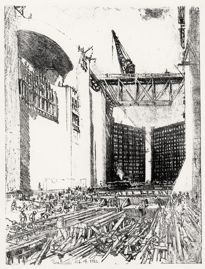 Het Leggen van de Vloer: Pedro Miguel Sluis, plaat XVIII uit Het Panamakanaal door Joseph Pennell, 14 februari 1912 door Joseph Pennell