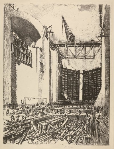 Het leggen van de vloer van Pedro Miguel Lock door Joseph Pennell