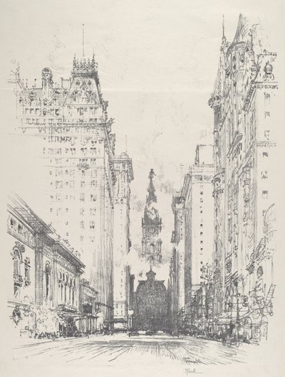 Zicht op Broad Street vanaf Spruce Street door Joseph Pennell