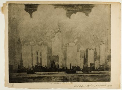 N.Y. vanaf 23e ferry - in de mist van een ochtend door Joseph Pennell