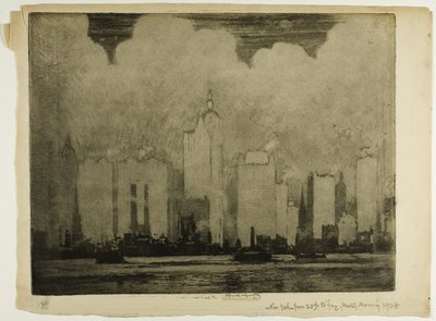 N.Y. vanaf 23e ferry - in de mist van een ochtend door Joseph Pennell