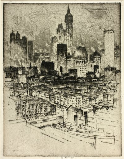 New York, vanaf de Brooklyn Bridge door Joseph Pennell