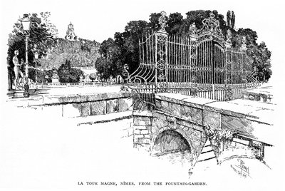 Nimes (Gard, Languedoc): de Magne Toren gezien vanuit de Fontaine Tuin in 1888 door Joseph Pennell