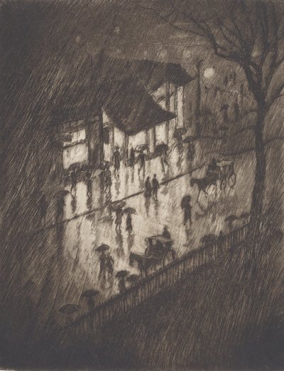 Regenachtige nacht, Charing Cross Shops, 1903 door Joseph Pennell